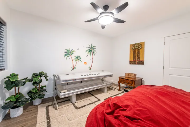 Integrated ceiling fan with light, wood-finish flooring, and white interior door