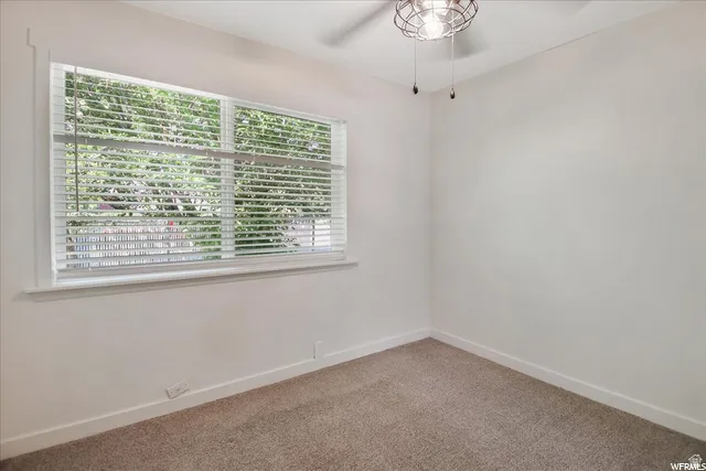 Neutral wall color, window with blinds, overhead lighting fixture, and carpeted flooring