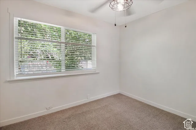 Neutral-toned carpeted flooring, large window with horizontal blinds, and a decorative wire-frame ceiling light fixture