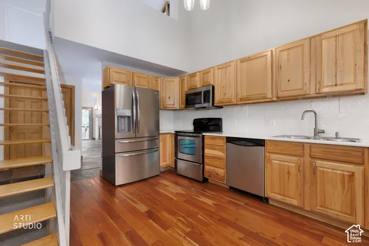 Kitchen featuring stainless steel appliances, wood-finish flooring, light wood cabinetry, and a double basin sink