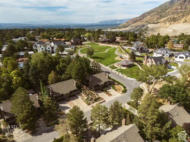 Mountainous backdrop with a residential area featuring multiple homes, green spaces, and mature trees
