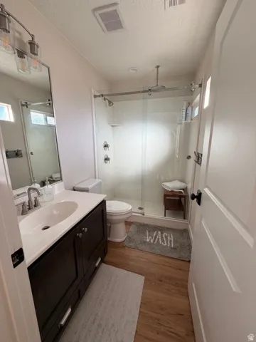 White vanity with undermount sink, wood-finish flooring, and a glass-enclosed shower with a rainfall showerhead