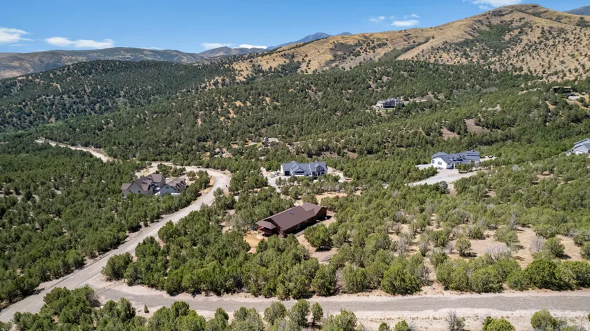 Extensive natural landscaping with mature trees and visible mountain ranges
