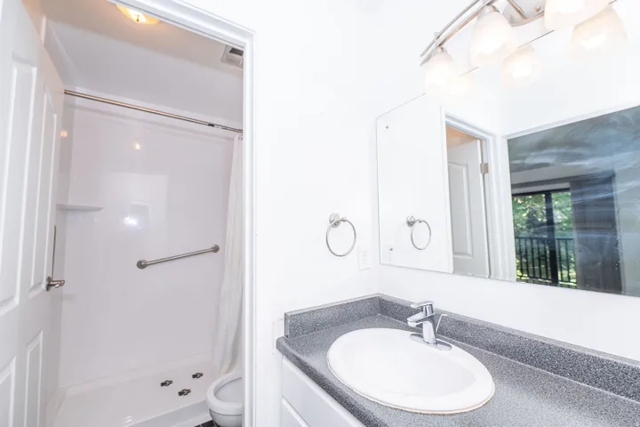 Bathroom with a built-in shower featuring a grab bar, a vanity with an integrated sink, and a wall-mounted light fixture