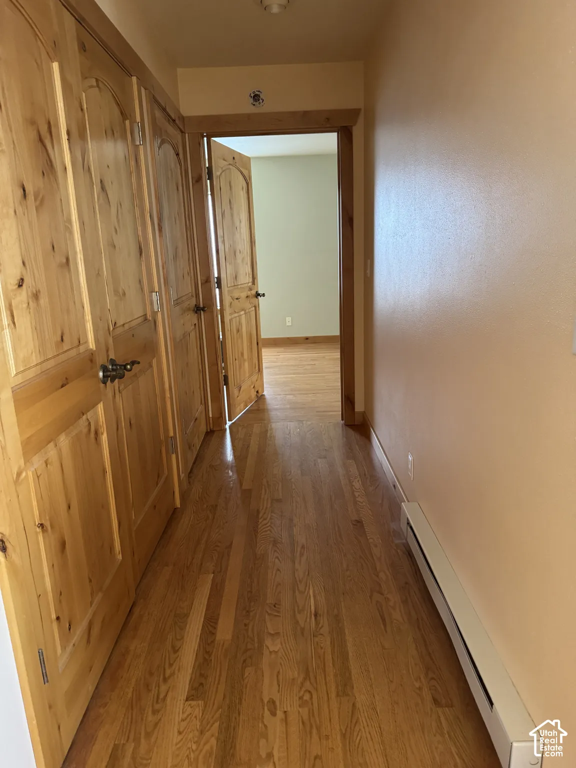 Wood-finish flooring throughout, solid wood doors with arch details, and a functional baseboard heating unit