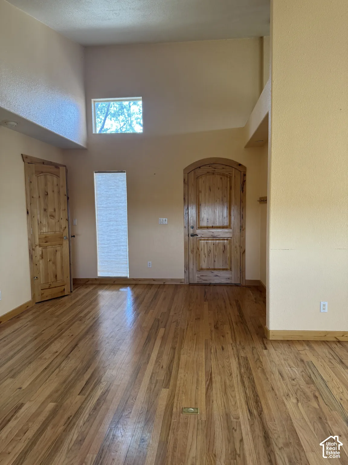 Wood-finish flooring, high ceilings, arched wood-panel door, rectangular window, and wood-panel door