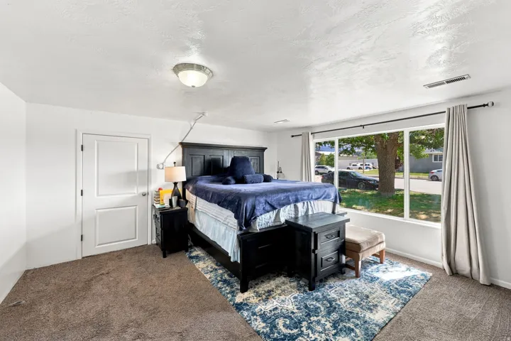 Carpeted room with a flush-mount ceiling light and a two-panel interior door