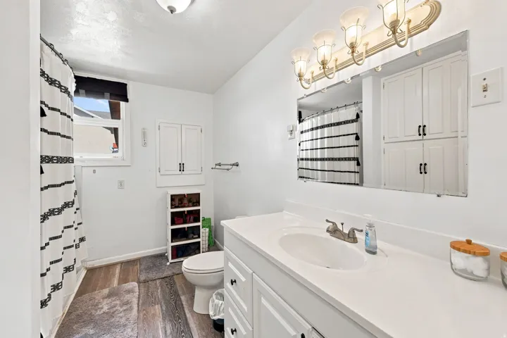Built-in cabinetry, wood-finish flooring, single vanity with integrated sink, and an overhead light fixture