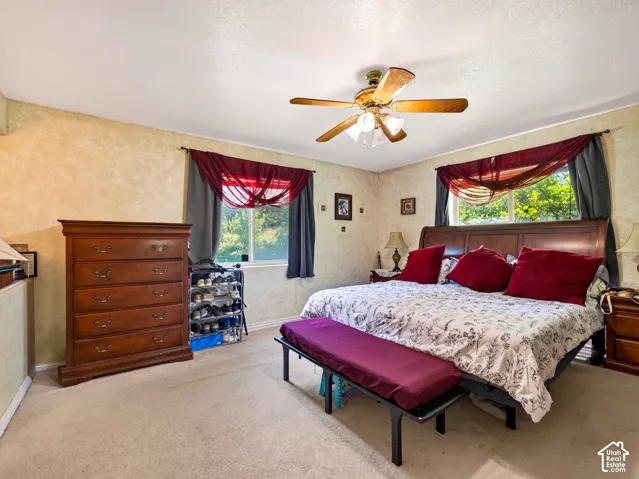 Primary bedroom, wall-to-wall carpeting and a ceiling fan with integrated lighting