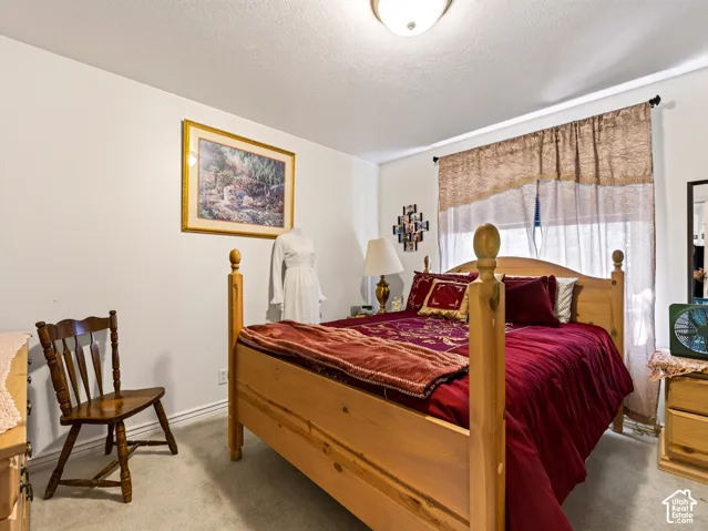 Bedroom next to primary, wall-to-wall carpeting with light-toned walls and a window with sheer and patterned drapes