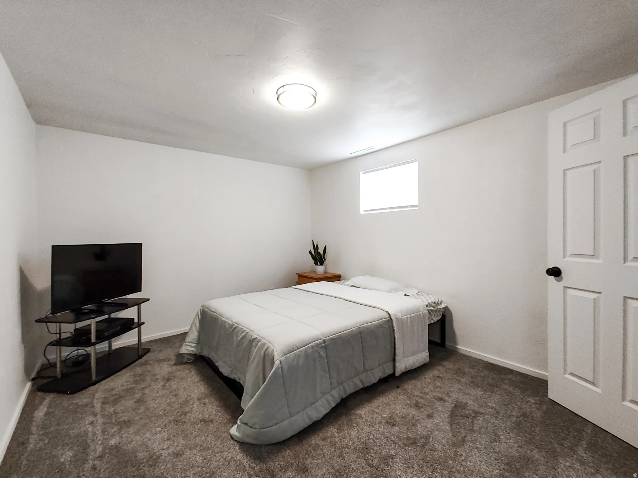 Recessed window with blinds, white panel door with black hardware, flush mount ceiling light, and wall-to-wall carpeting