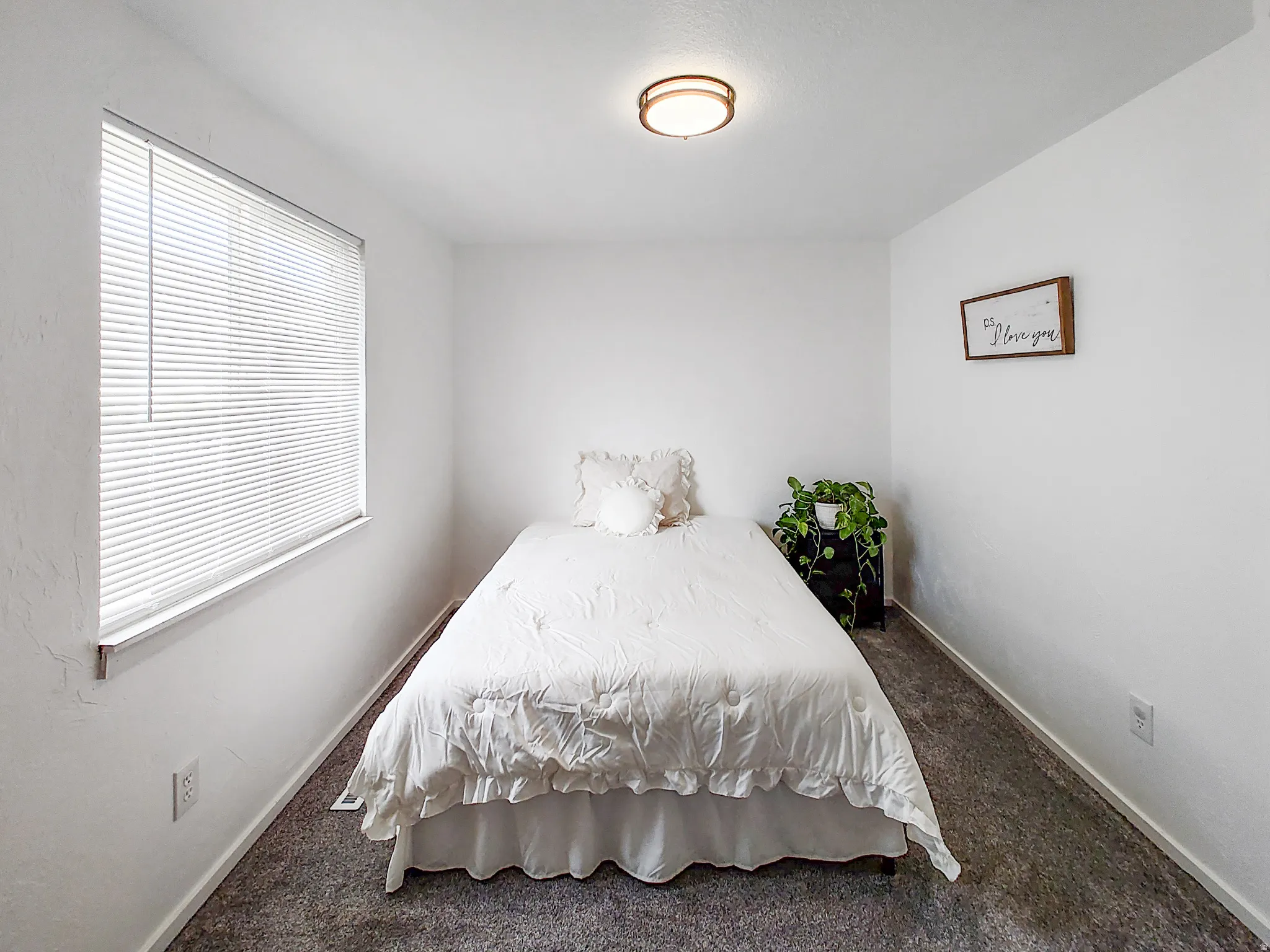Textured walls, ceiling-mounted light fixture, window with horizontal blinds, and grey carpeting