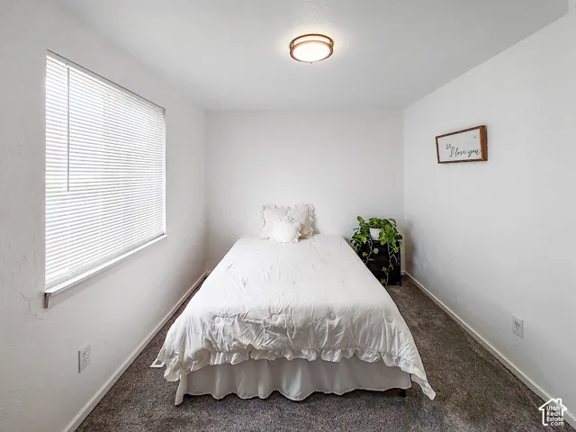 Textured walls, ceiling-mounted light fixture, window with horizontal blinds, and grey carpeting