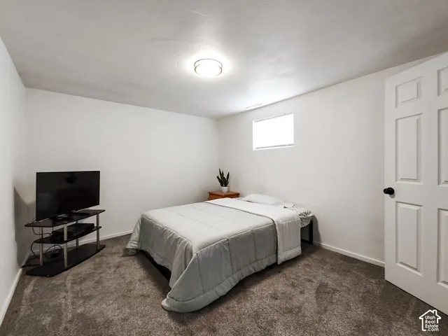 Recessed window with blinds, white panel door with black hardware, flush mount ceiling light, and wall-to-wall carpeting