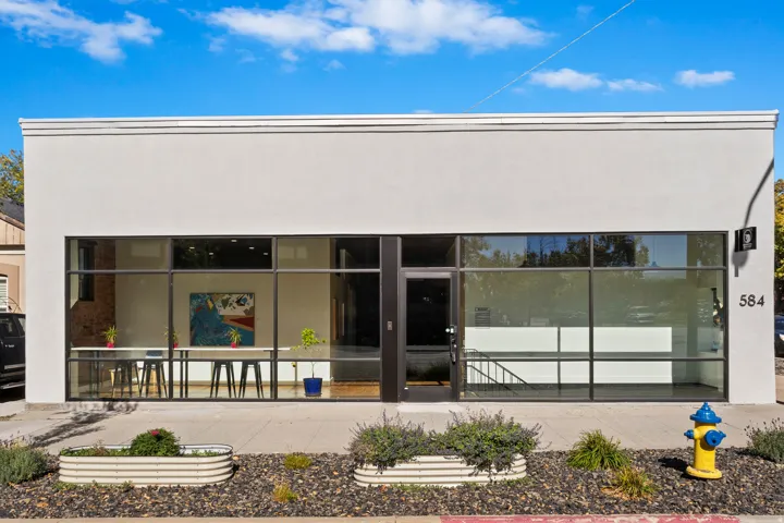 Stucco exterior with a pronounced cornice