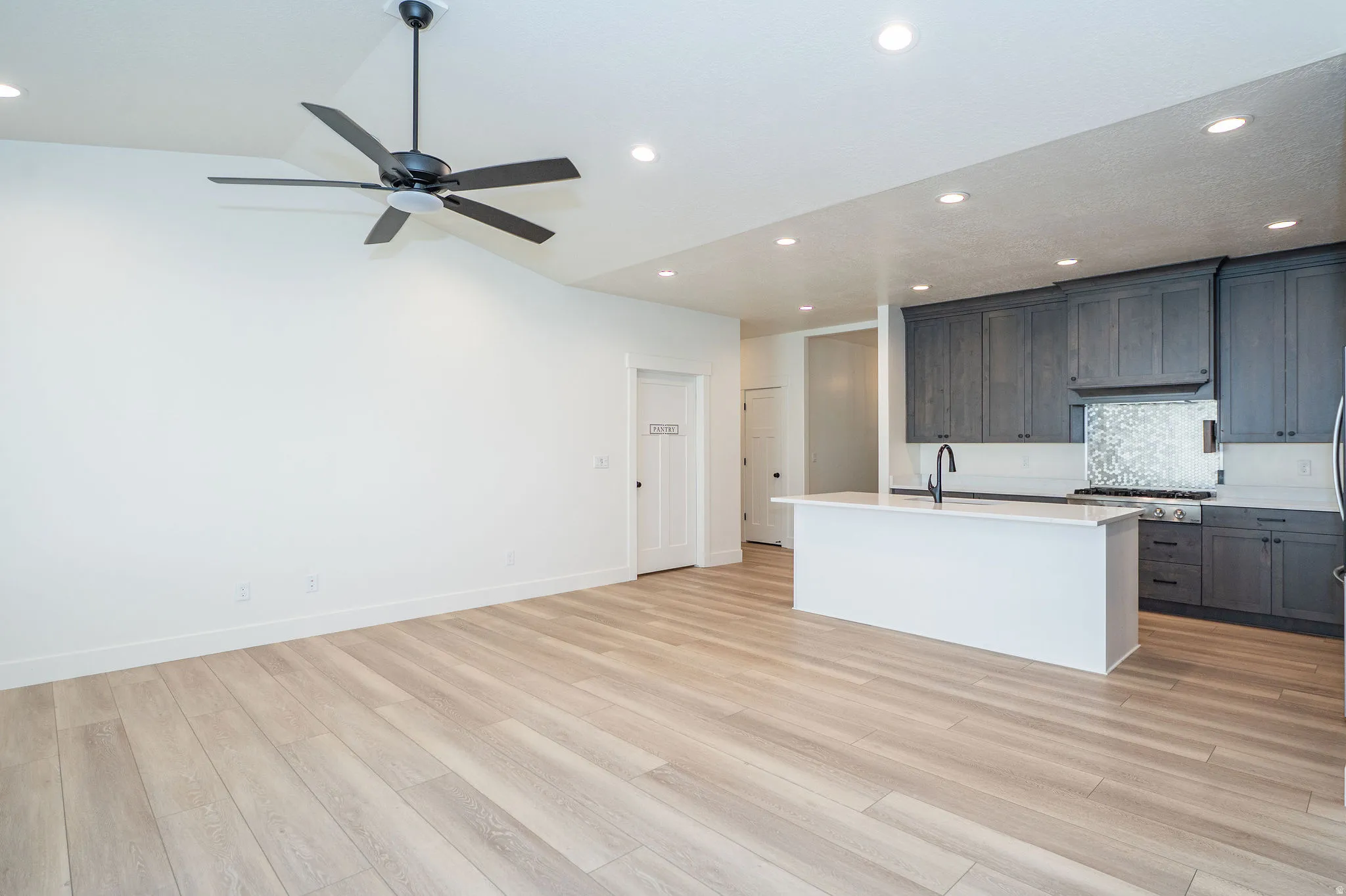 Open-concept living space featuring wood-finish flooring, recessed lighting, and a ceiling fan