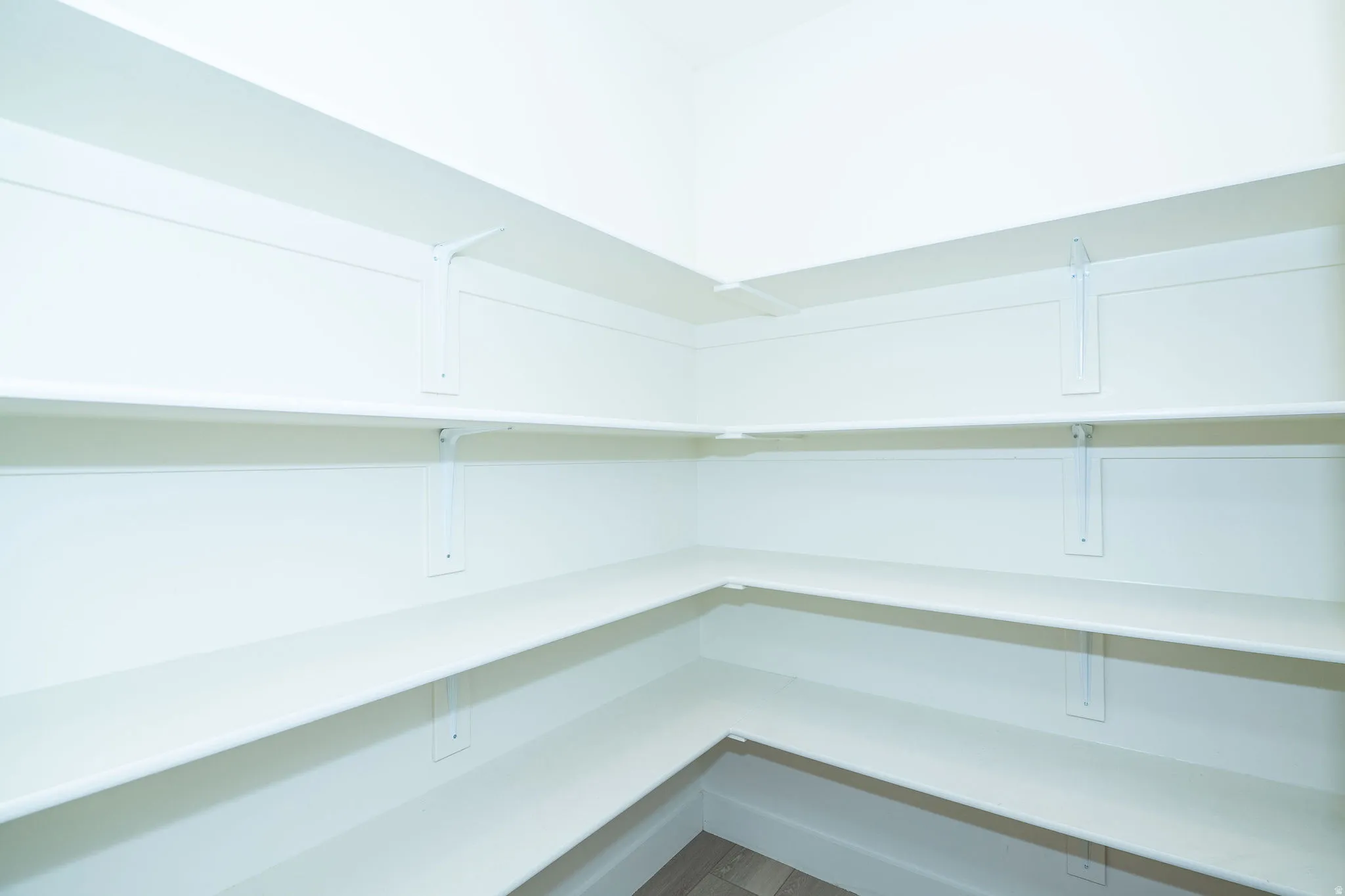 Corner pantry featuring multiple white shelves and wood-finish flooring
