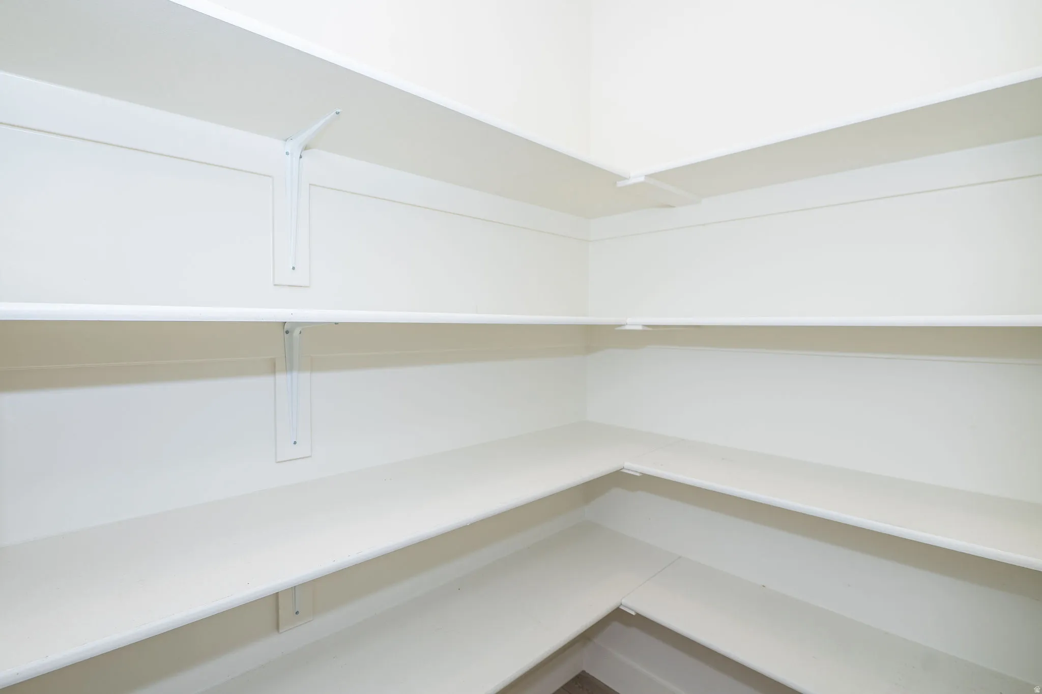 Walk-in closet with extensive built-in shelving, white finish, and a hanging rod