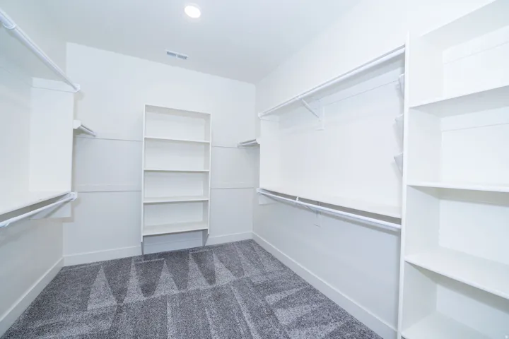 Built-in shelving, hanging rods, recessed lighting, and patterned carpeting