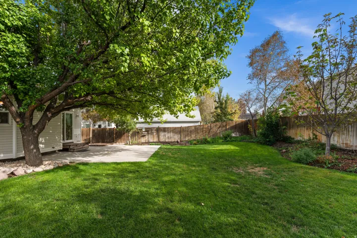 Expansive green lawn, mature trees, concrete patio, privacy fencing, and exterior siding