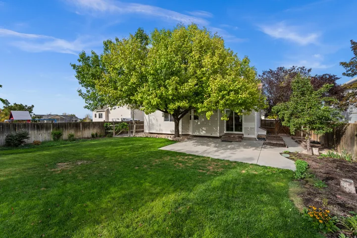 Expansive backyard featuring a manicured lawn, concrete patio, mature trees, and a sliding glass door