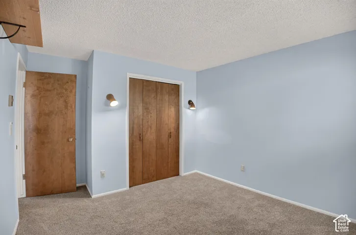 Wall-to-wall carpeting with light blue wall paint, accented by two wood-finish doors and two wall-mounted light fixtures