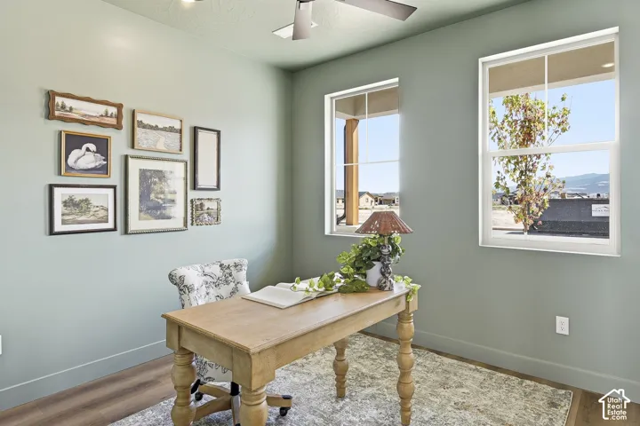 Wood-finish flooring, two large windows with white frames, ceiling fan, recessed lighting, and light green walls