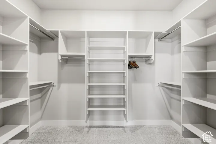 Built-in closet organization system featuring extensive shelving, multiple hanging rods, and a neutral carpeted floor