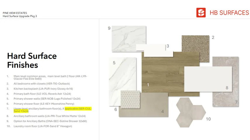 Hard Surface Finishes document. Detailing material specifications for various areas within the property