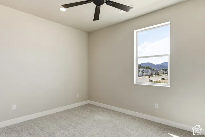 Neutral-toned wall paint, light gray carpeting, ceiling-mounted fan with integrated lighting, and a double-hung window