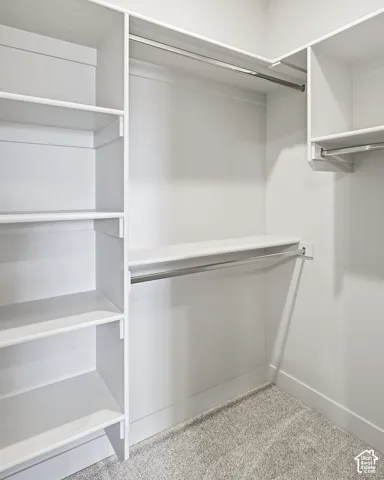 Built-in shelving, multiple hanging rods, and a neutral carpeted floor