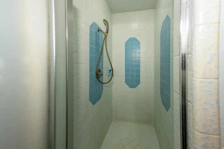 Tiled shower enclosure featuring a handheld shower fixture and patterned accent tiles