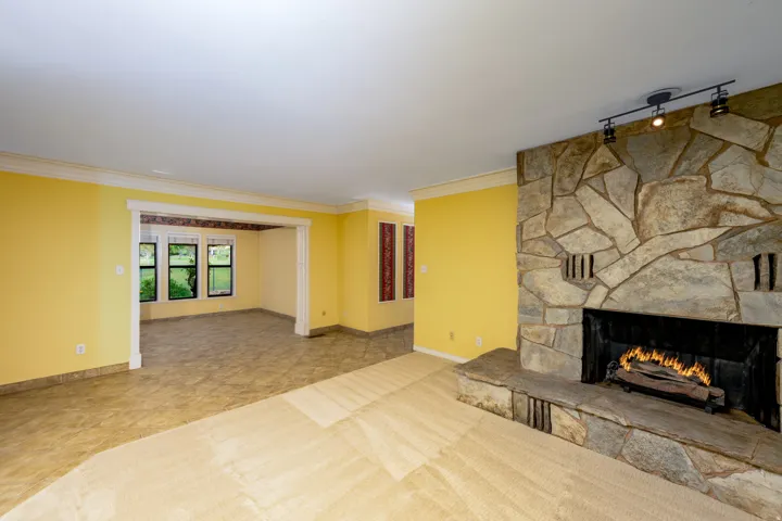 Stone-clad fireplace with hearth, track lighting, and an arched entryway
