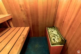 Wood paneling throughout, built-in wooden seating, and a rock-filled heating element