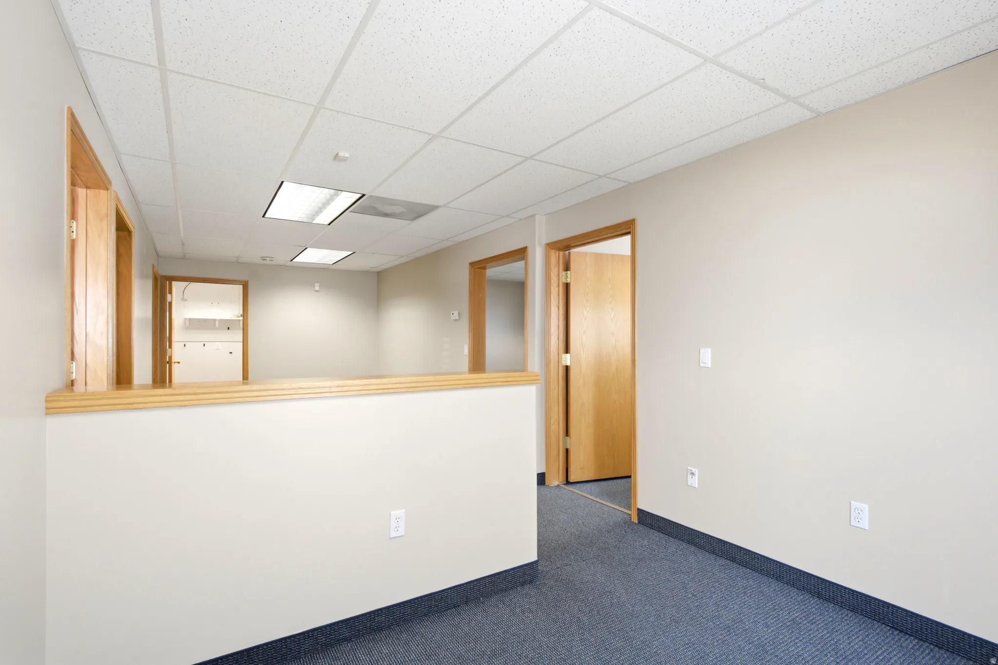 Recessed ceiling tiles, neutral wall paint, wood-finish door frames, wood-finish half-wall capping, and blue carpeting