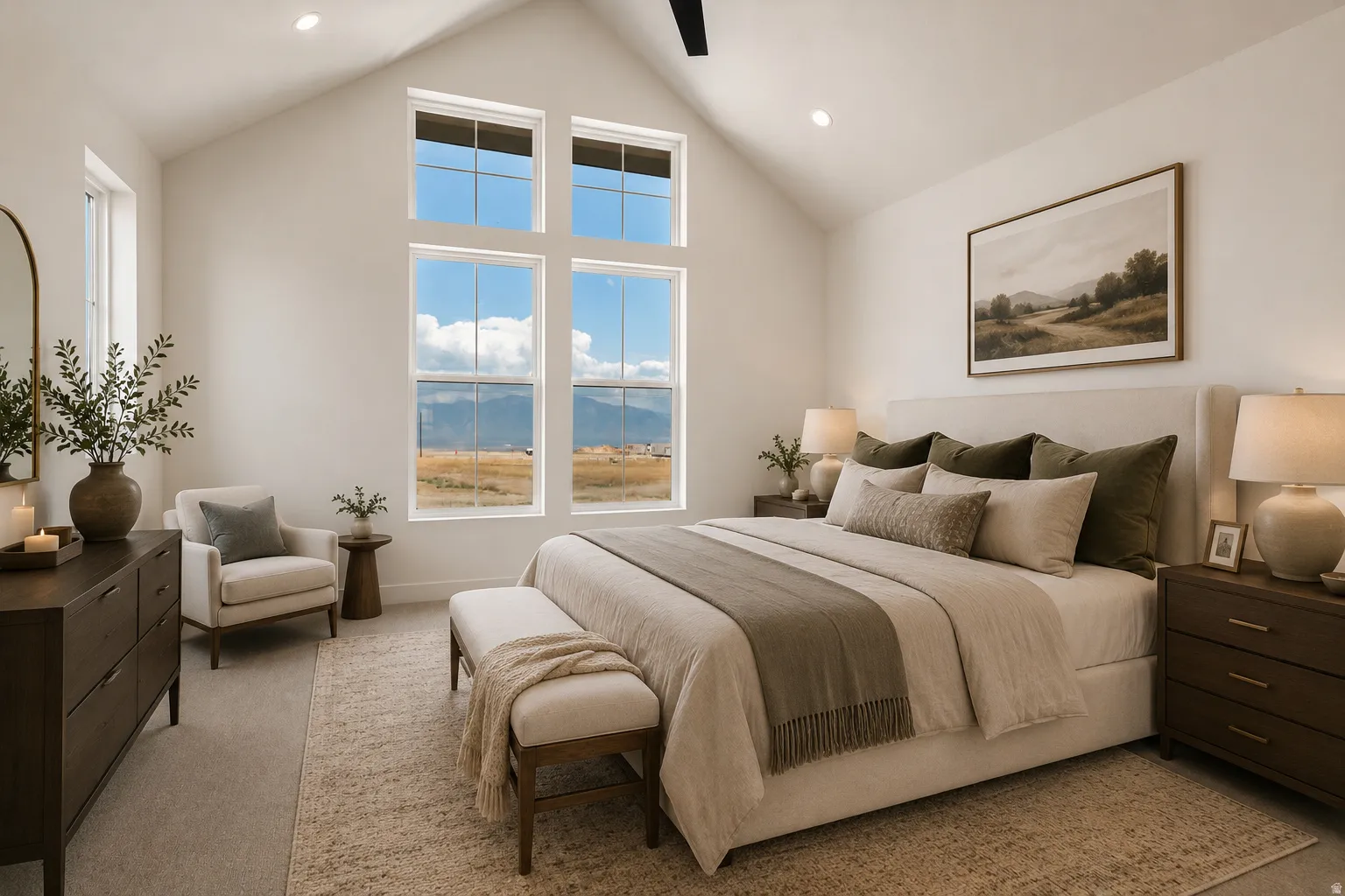 Vaulted ceiling with a ceiling fan, recessed lighting, and expansive windows