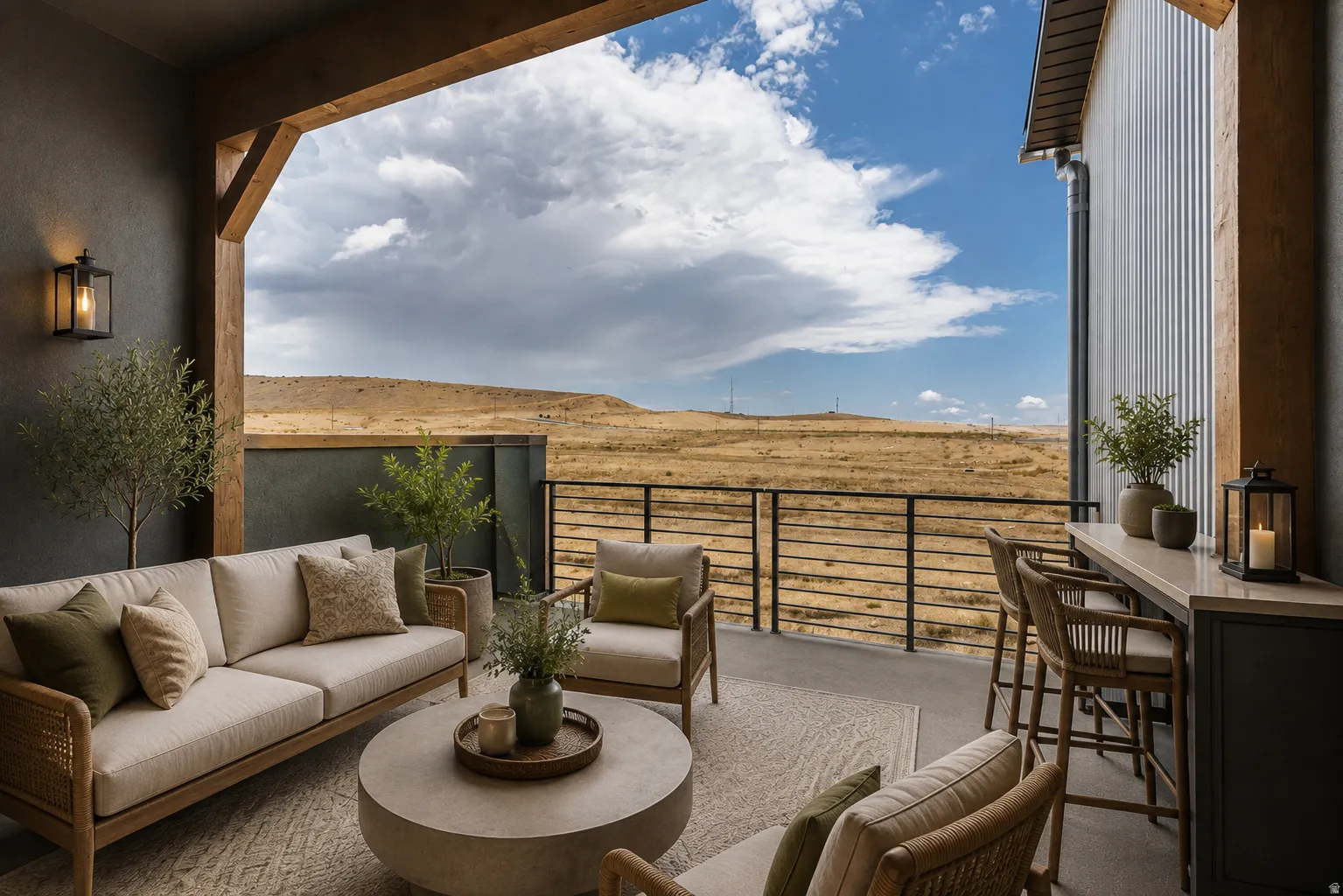 Covered outdoor patio with exposed wood beams, a built-in bar, and metal railing