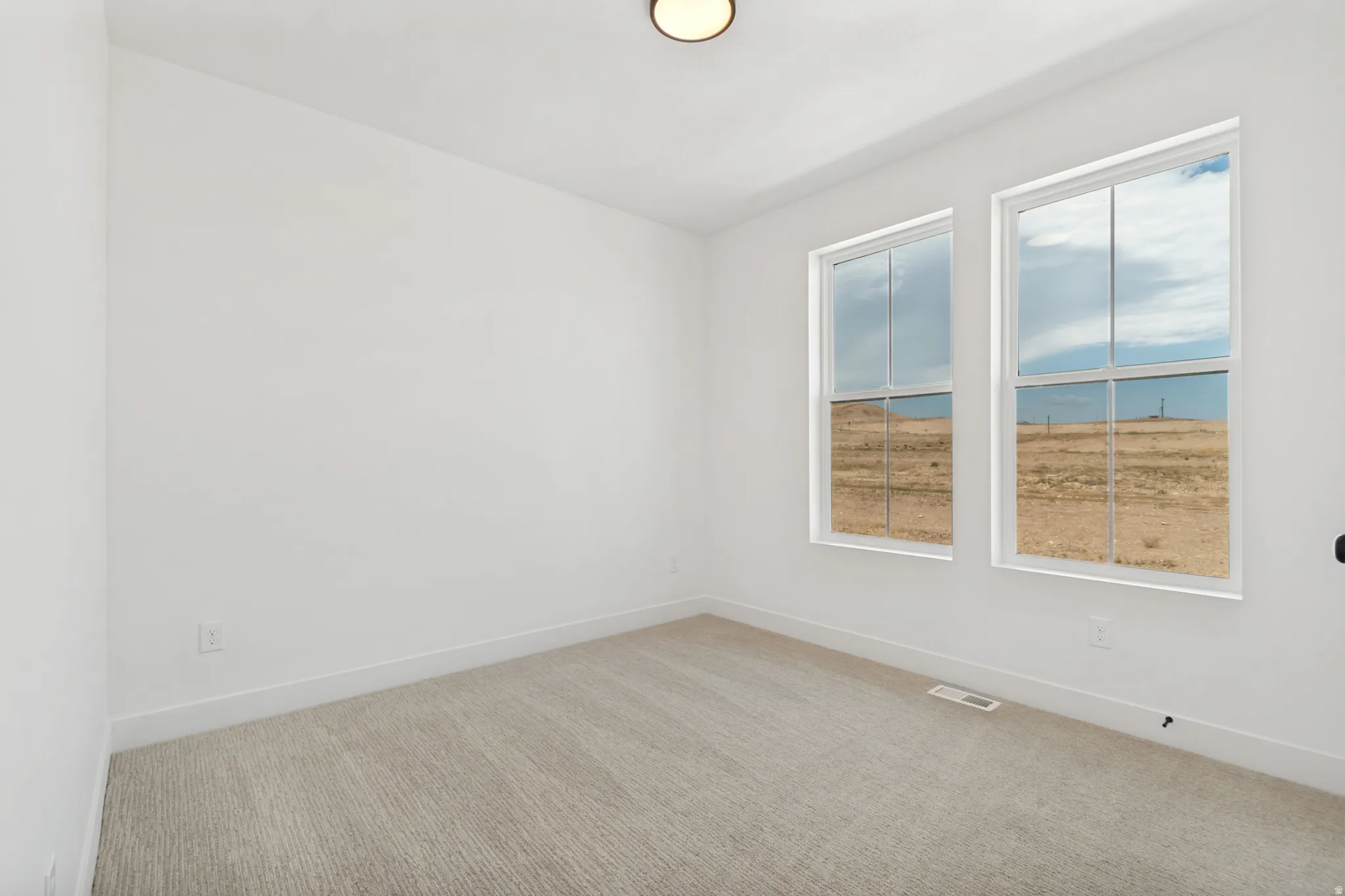 Neutral tone carpeted flooring, two vertical windows with white framing, and a ceiling-mounted light fixture