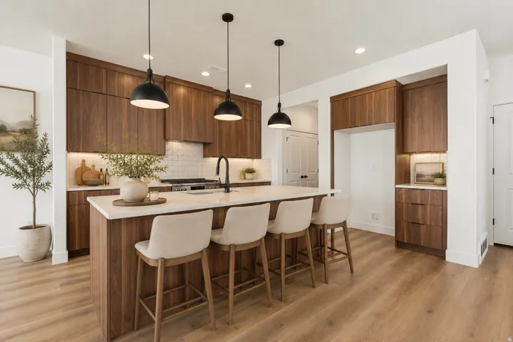 Kitchen with wood-finish cabinetry, white countertops, a tiled backsplash, and recessed lighting