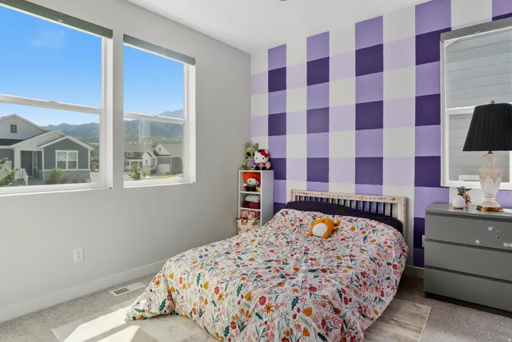 Dual pane windows with roller shades, a checkered accent wall, and neutral carpeting