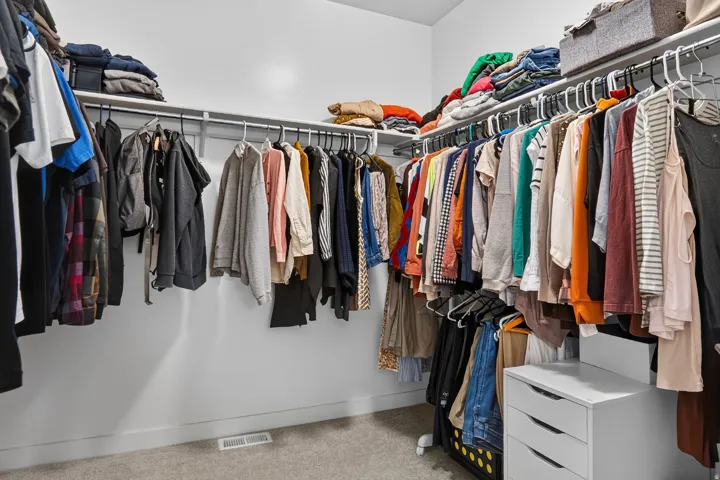 Walk-in closet featuring carpet flooring, white walls, and built-in metal hanging rods