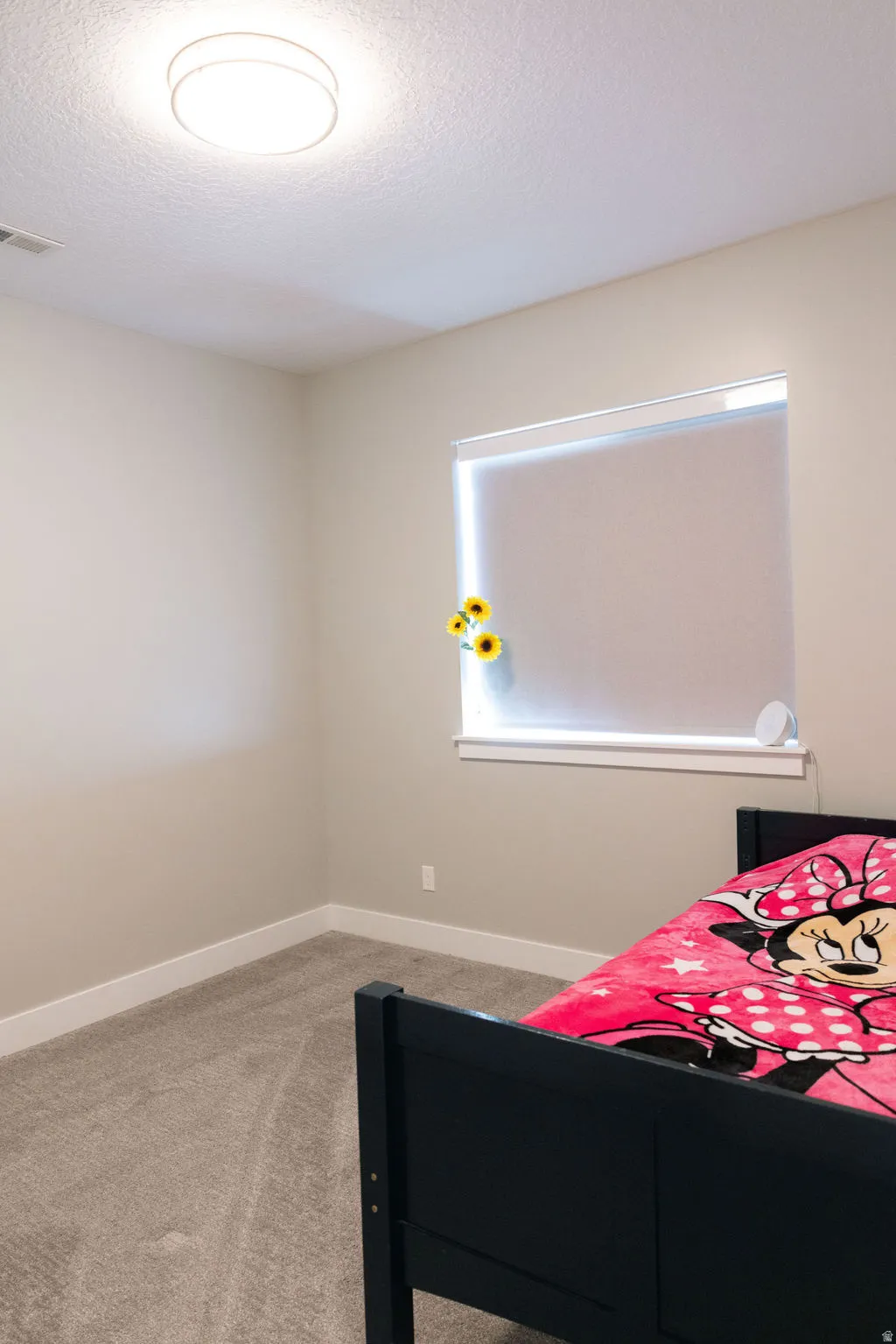 Recessed lighting, neutral wall paint, white trim, and carpet flooring