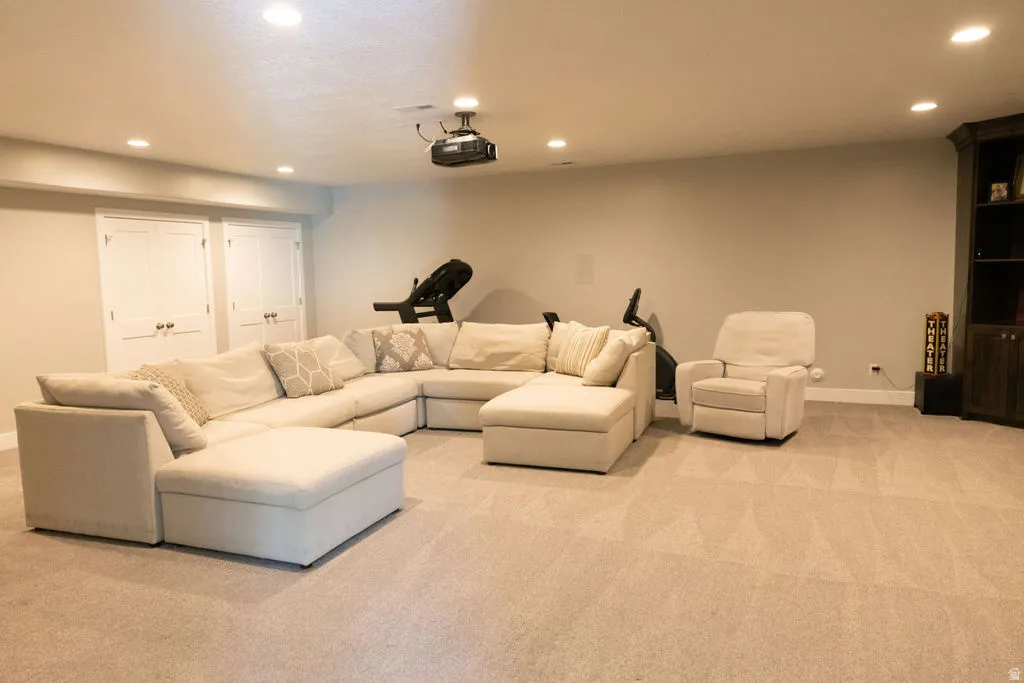 Recessed ceiling lighting, projection system, light-toned carpeting, built-in shelving, and white paneled doors