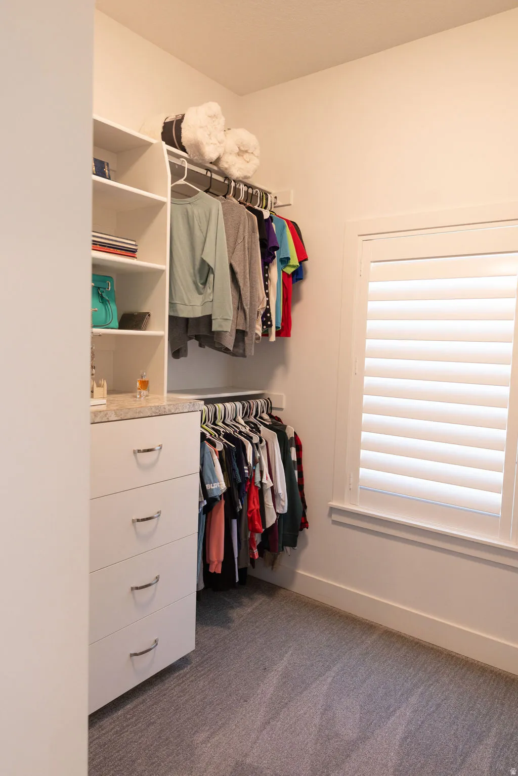 Built-in shelving, white cabinetry with polished chrome pulls, white window shutters, wall-mounted hanging rods, and grey carpeting