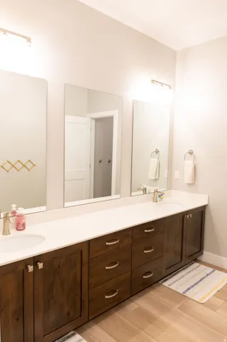 Dual rectangular sinks set into a white countertop
