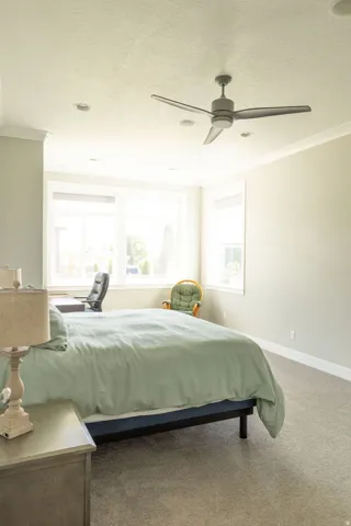 Recessed lighting, ceiling fan, crown molding, wall-to-wall carpeting, and multiple windows