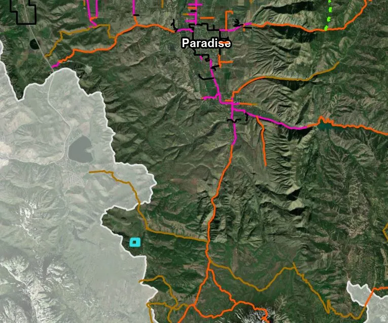 Geographic Information System (GIS) Map. Displaying topographical features and infrastructure around Paradise