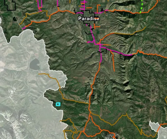 Geographic Information System (GIS) Map. Displaying topographical features and infrastructure around Paradise