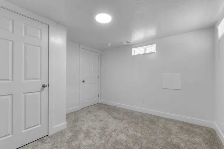 Plush carpet flooring, recessed lighting, and white paneled doors