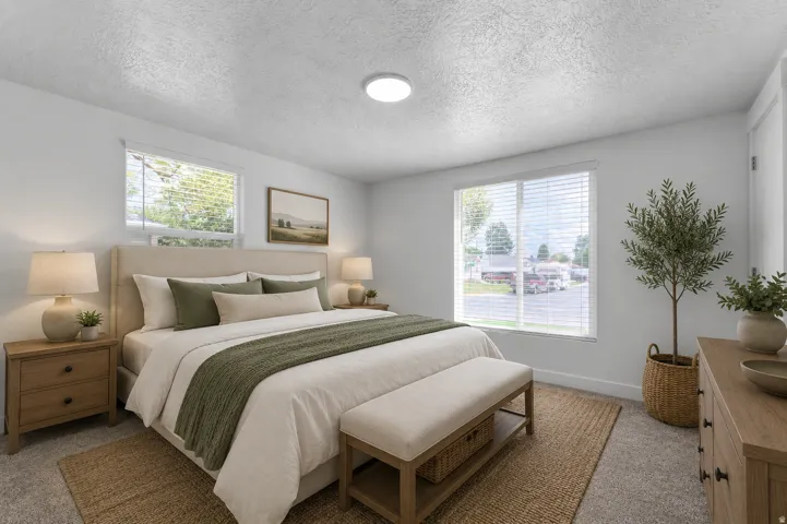 Virtually staged. White painted walls with a textured ceiling and recessed lighting